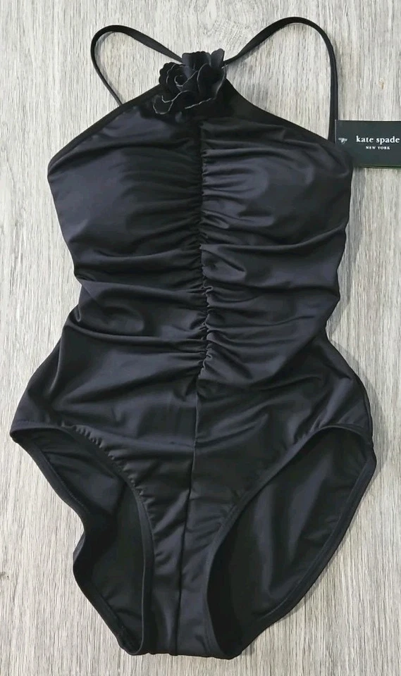 Traje de baño Kate Spade New York negro de una pieza cuello halter flor XS NUEVO CON ETIQUETAS  Foto 2 de 4