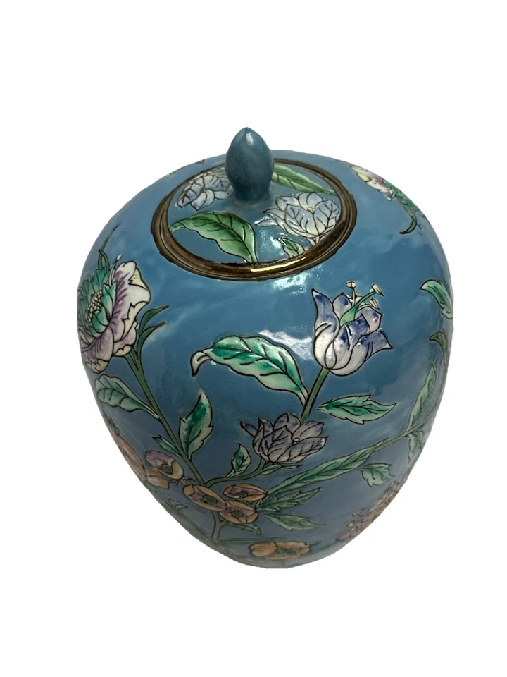 Jarrón/urna vintage chino de jengibre azul con flores 9” esmalte Macao Foto 4 de 4