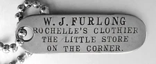 Vtg Charge Coin Tag: WJ  FURLONG, Early 20th Century; Rochelle IL Clothier Store