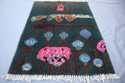 2x2 Afghan War Rug with Poppies and Weapons - Dark Green Wool Tribal Art Rug. - Picture 2 of 10