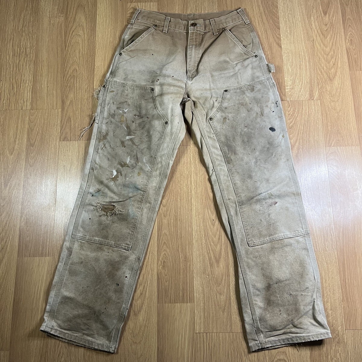 Vintage Carhartt Double Knee Tan Distressed Paint Splatter