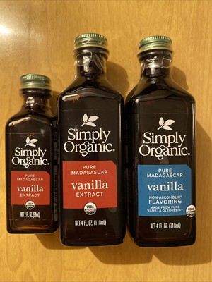 Simply Organic Vanilla 1x 4oz &1x 2oz Pure Madagascar, 1x 4oz Non-Alcohol.