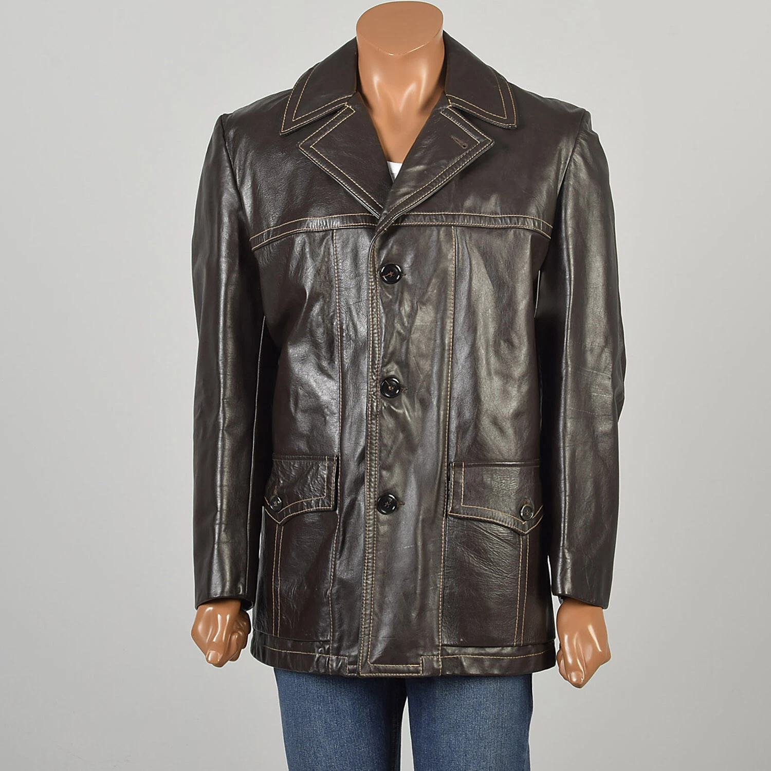  1970s classic leather collared front pockets hip length coat jacket