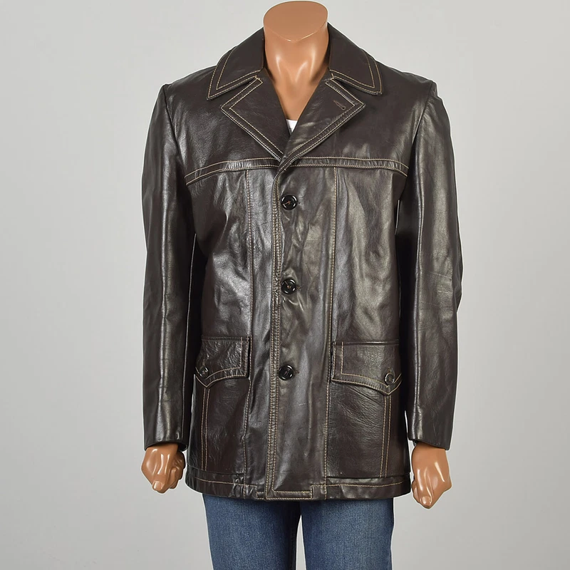 1970s classic leather collared front pockets hip length coat jacket