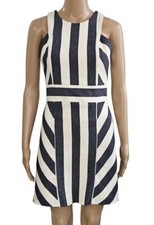 MILLY Maya Ivory  Navy Blue Striped Round Neck A Line Mini Dress Sz 0