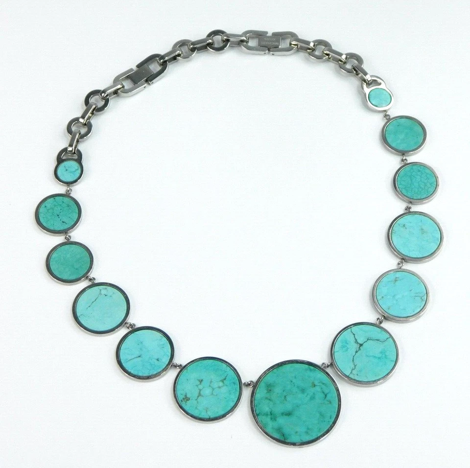 Michael Kors Faux Turquoise Disc Graduated Silver Tone 16-18" Necklace Pretty! - Image 3 of 4