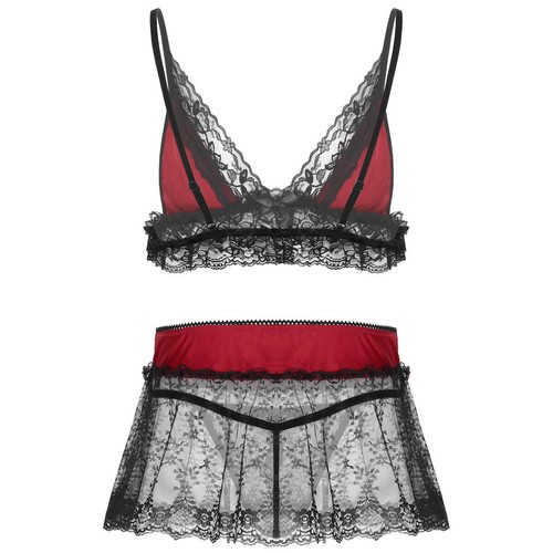 Männer Sissy Spitze Lingerie Set BH mit Mini Rock und String Slip Reizwäsche - Bild 35 von 72