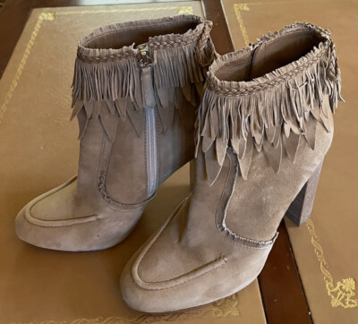 AQUAZZURA 39 Tiger Lily Cappuccino Suede Fringe Braided Tassel Bootie 36 $995