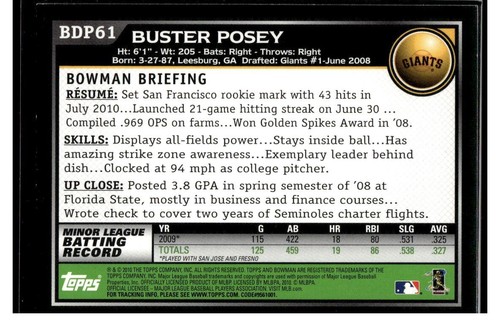 2010 Bowman Draft #BDP61 Buster Posey RC - Picture 4 of 4