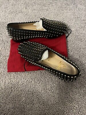 靴 christian louboutin rolling spike CHRISTIAN LOUBOUTIN Black Rolling Spikes Leather Loafers
