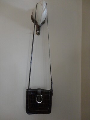 Vintage Brighton Croc Embossed Brown Leather Crossbody Purse Swing Pack Handbag