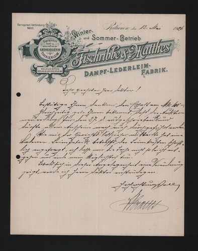 RATHENOW, Brief 1926, Fischribbe & Matthes Leder-Leim-Fabrik Goldleisten-Belag-G