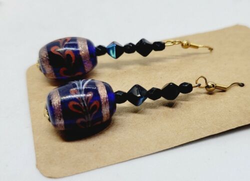 Chandelier Lampwork Glass Beads Painted Metallic Dangle Beaded Earrings 2.25" #1