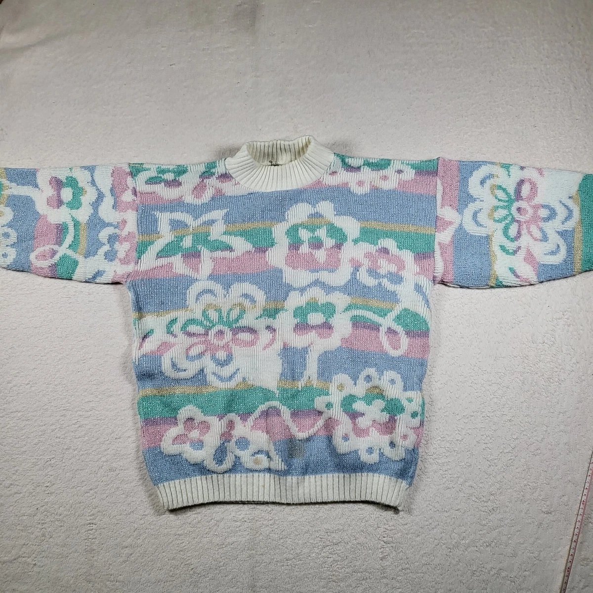 Vintage 90s Flowers Stripes Glitter Acrylic Long Sleeve Knit