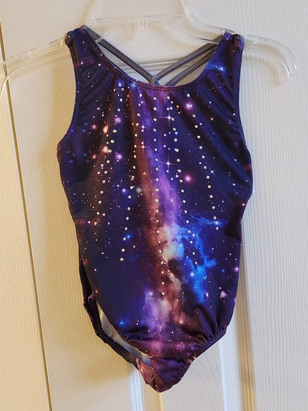 More than Magic Rhinestone Purple Galaxy Girls Gymnastics Leotard Size S 6/6X
