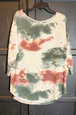 HoneyMe Curvy Tan Green Maroon Tie Dye Look Top 3/4 Sleeves Women's XL Pre-owned