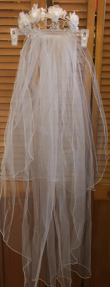 Velo de novia de colección perla, diamantes de imitación, tocado rosa de seda 2 niveles yema de dedo red velo Foto 2 de 4