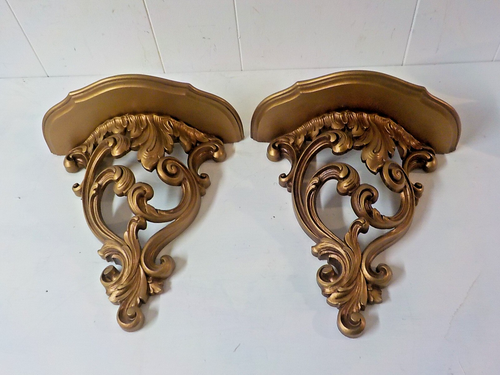 2er Set Syroco Wandregal Gold Hollywood Regency MCM USA 3507 Vintage Scroll - Bild 2 von 6