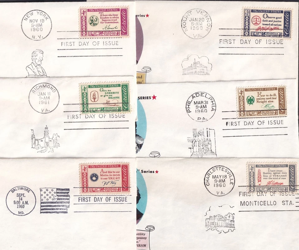 1960 American Credo Series 4¢ Sc 1139-1144 FDCs 5 Fluegel founding ideals quotes - Image 3 of 3