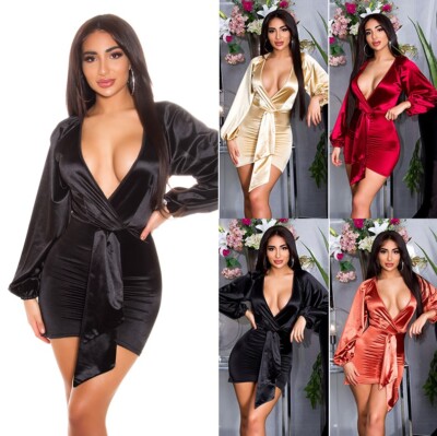 Koucla Damen Kleid V-Ausschnitt  Minikleid Party Satin Look Milax-Fashion
