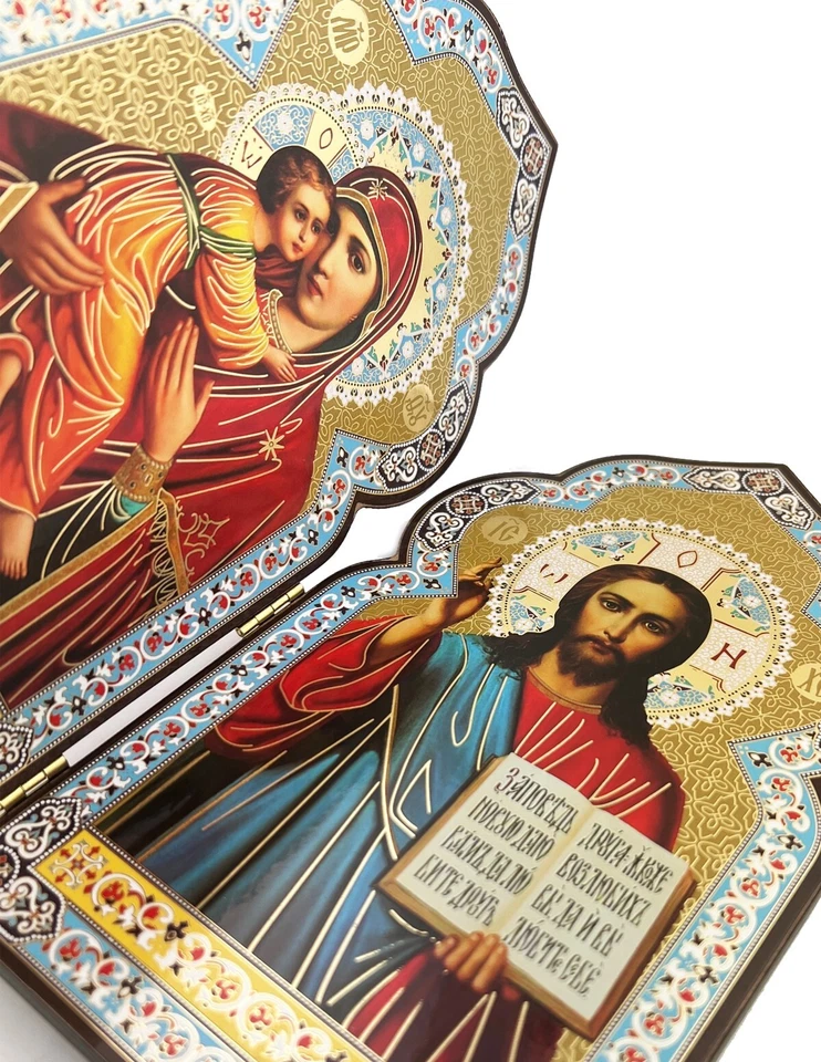 Icono Católico Ortodoxo Díptico Virgen de Vladimir Cristo El Maestro Religioso Foto 2 de 4