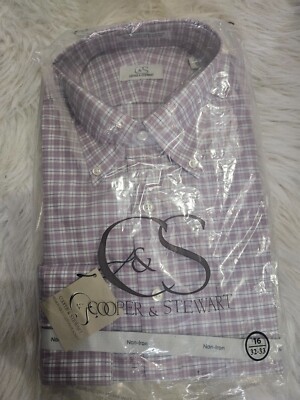 SIZE 16 32-33 COOPER & STEWART (NEW) Mauve Long Slv Checked Dress Shirt LOT #549