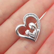 925 Sterling Silver Real Diamond Mom & Child Heart Minimalist Slide Pendant