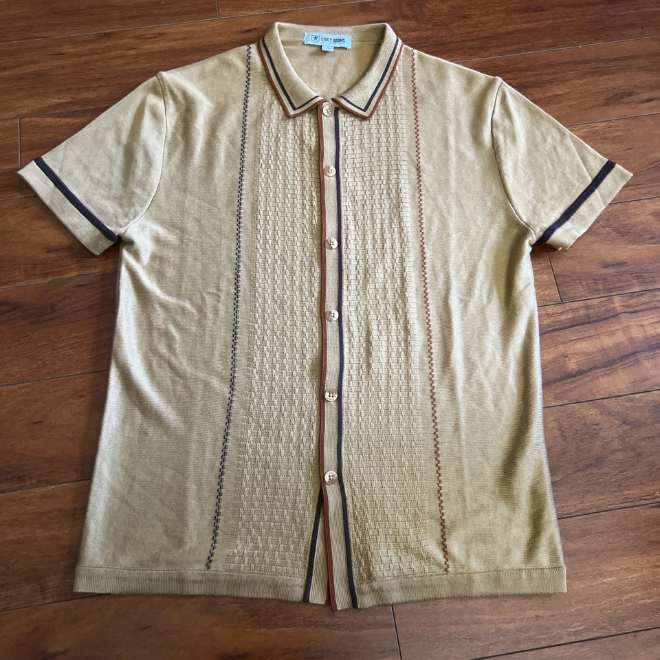 Camisa de vestir polo Stacy Adams completa con botones marrón para hombre L tejida bordada retro Foto 3 de 4