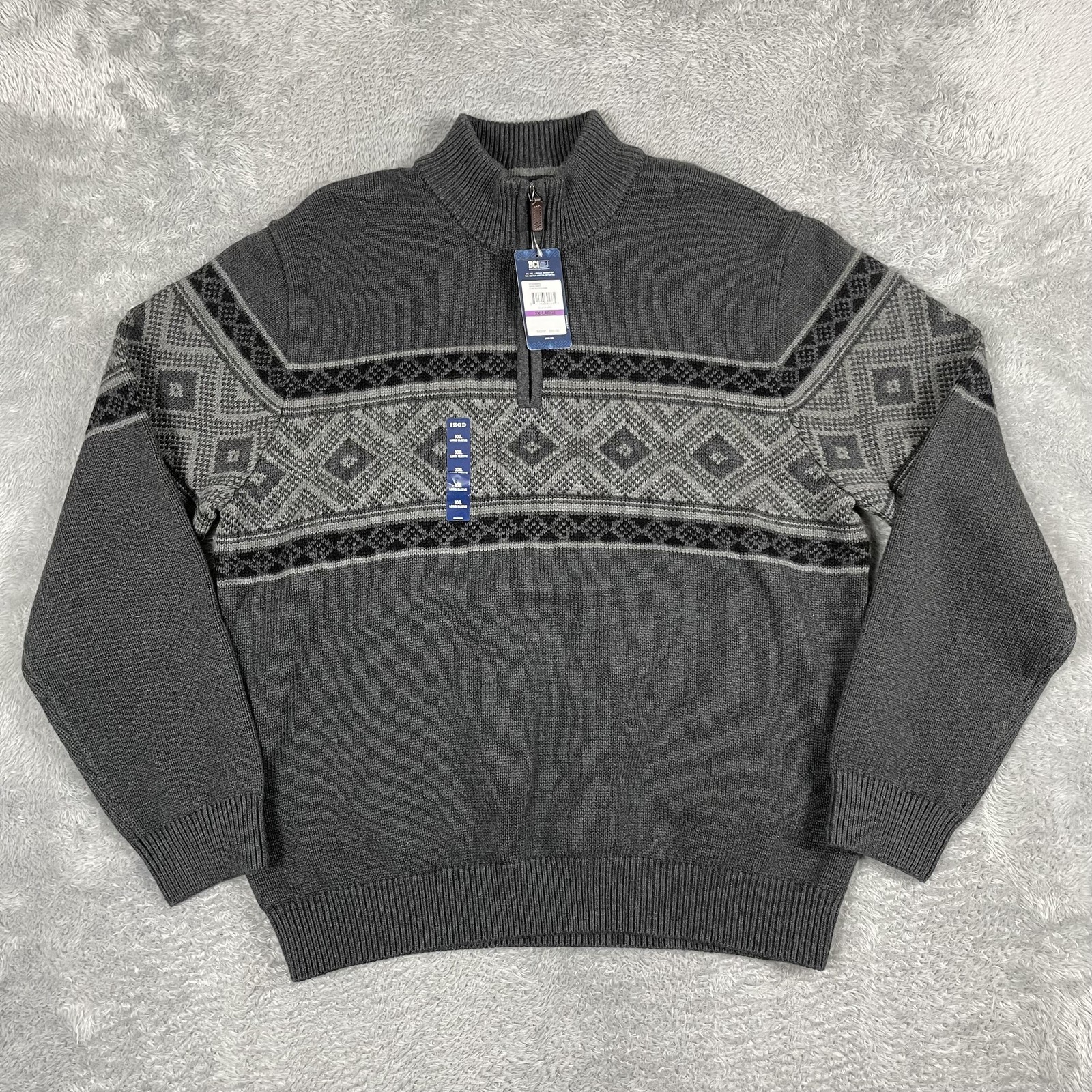 IZOD Sweater Mens 2XL Gray Fair Isle Quarter Zip Mock Neck Knit Pullover