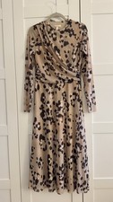 H&m tan brown leopard print asymmetric wrap drape mesh midi dress m Long Sleeve