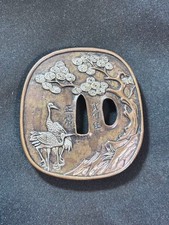 Tsuba Crane Pine Design Japanese Sword Guard Authentic Vintage Antique