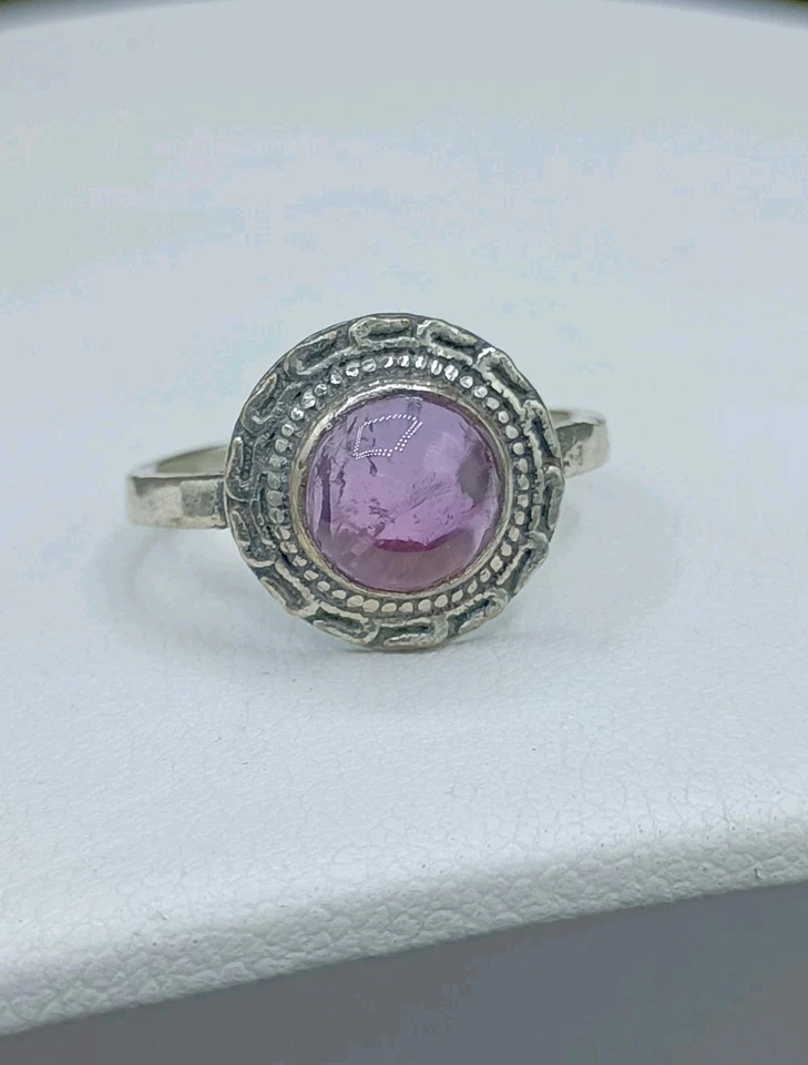Vintage Amethyst Ring Purple Cabochon Size 5.75 Silver Plated Etched Bezel Set - Image 2 of 4