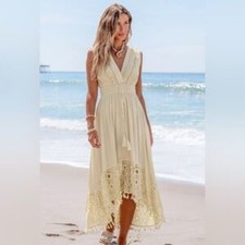 Shein Beige Lace & Tassel Sleeveless Midi Dress Beach Boho Size M