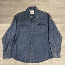Vtg Wrangler Shirt Mens Large Blue Denim Western Pearl Snap Pockets Cotton 90  s
