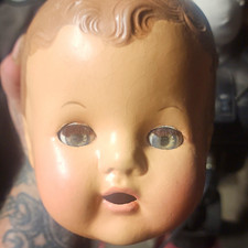 Vintage Doll Head w/ Sleep Eyes, Blue Eyes, Brown Molded Hair, Open Mouth