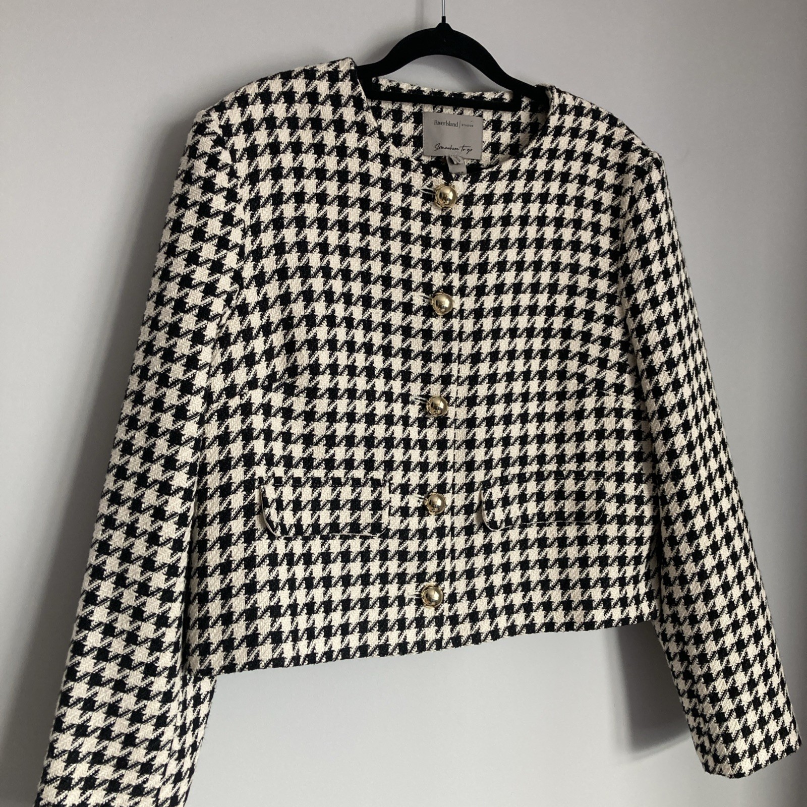 Womens Tweed Houndstooth Jacket Blazer UK 16 Black White Gold Classic Tailored