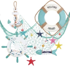 11 Pcs Wooden Nautical Wall Decor Fishing Net Decorations, Include Decorative...