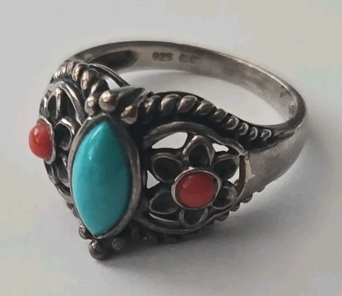 NAVAJO 925 Silver  Vintage Turquoise & Coral Cocktail Ring Sz 7.5