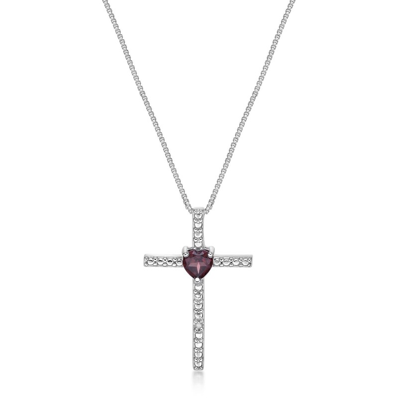925 Sterling Silver 4MM Heart Shaped Garnet Cross Pendant with 0.01 cttw Diamond
