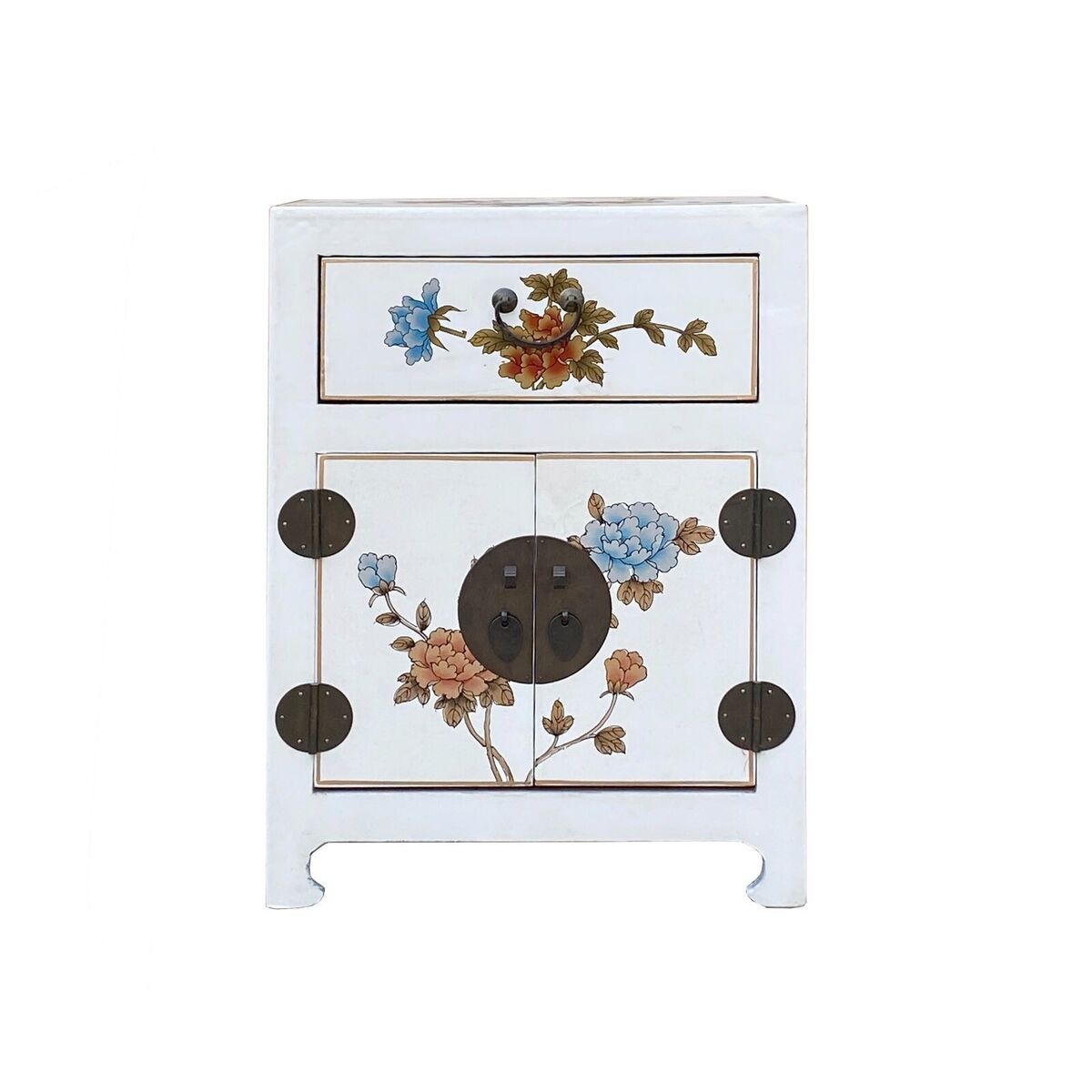 Chinese Off White Vinyl Moon Face Flower End Table Nightstand cs7130S Chinese Off White Vinyl Moon Face Flower End Table Nightstand cs7130S
