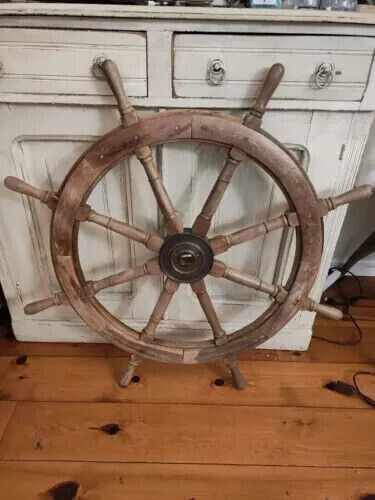 Brass Ship Boat Vintage Nautical 36" Steering Wheel Old Weathered Wooden Ship - Picture 1 of 5