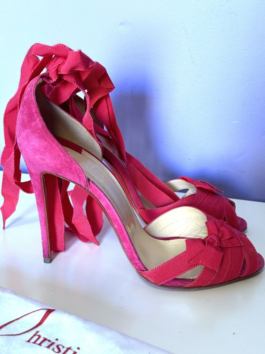 Christian Louboutin Pink Lace Up Bows Suede Sandals Size 38