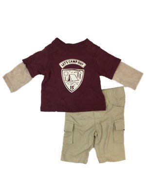 Infant Boys Lets Camp Out Baby Outfit Burgundy Tent Shirt & Khaki Pants Set NB