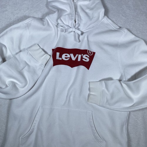 Levi’s Men’s White Hoodie Red Logo Long Sleeve Pullover Large Kangaroo Pocket