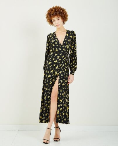 støj skøjte sommer Ganni Black Yellow Floral Print Crepe Wrap Long Sleeve Maxi Dress Size 34  US 2 | eBay