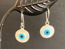 925 Sterling Silver Evil Eye Mother Of Pearl MOP Mati Nazar Drop Dangle Earrings