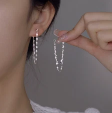 A Pair Sterling Silver Plated Tassel Dangle Drop Stud Earrings Chain Gift S6