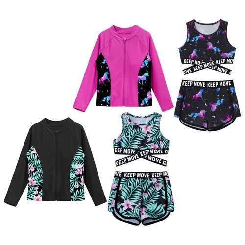 Mädchen Badeanzug Langarm Hautausschlagschutz Set Sonnenschutz Kinder Schwimmset 3 teilig - Bild 1 von 22