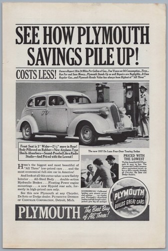 1937 Plymouth Vintage Auto Ad De Luxe Four Door Touring Sedan Car Costs Less - 第 1/1 張圖片