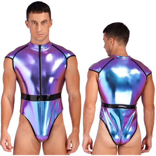 Herren Wetlook Metallic Catsuit Overall mit Handschuhe Stringbody Alien Kostüm - Bild 35 von 49